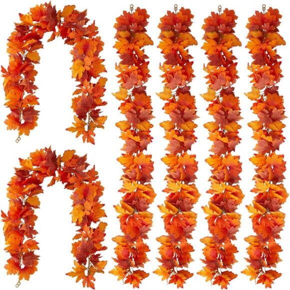 6PCS Orange Leaf Garland, 5.6Ft Halloween Garland Artificial Maple Leaf Autumn - Picture 1 of 8